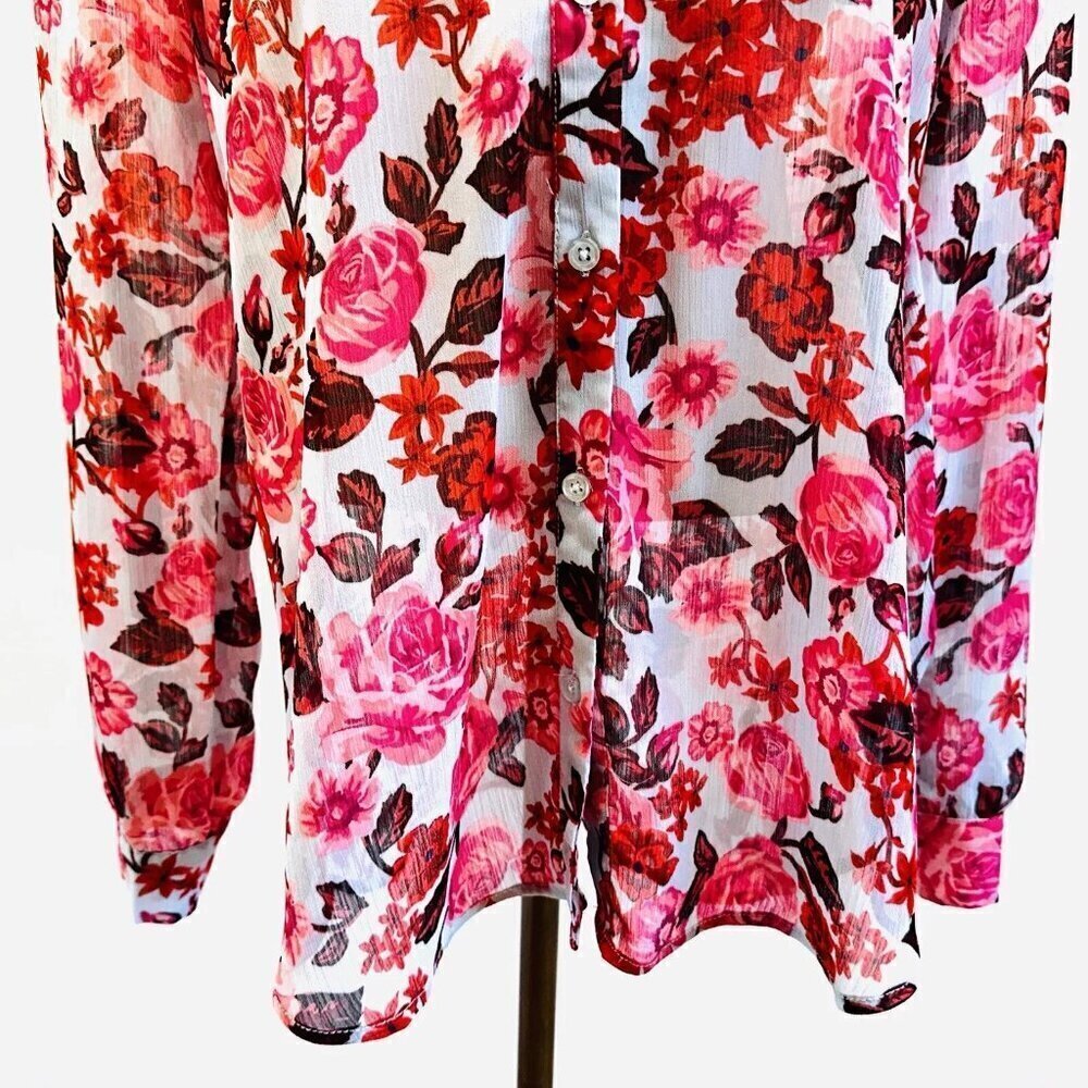 KUT from the Kloth Women Long Sleeve Button Down Pink Floral Sheer Roll Tab Sz M - Picture 8 of 12
